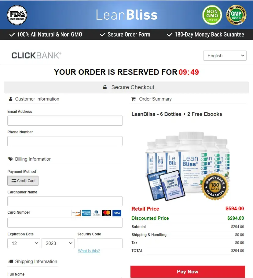 LeanBliss order page